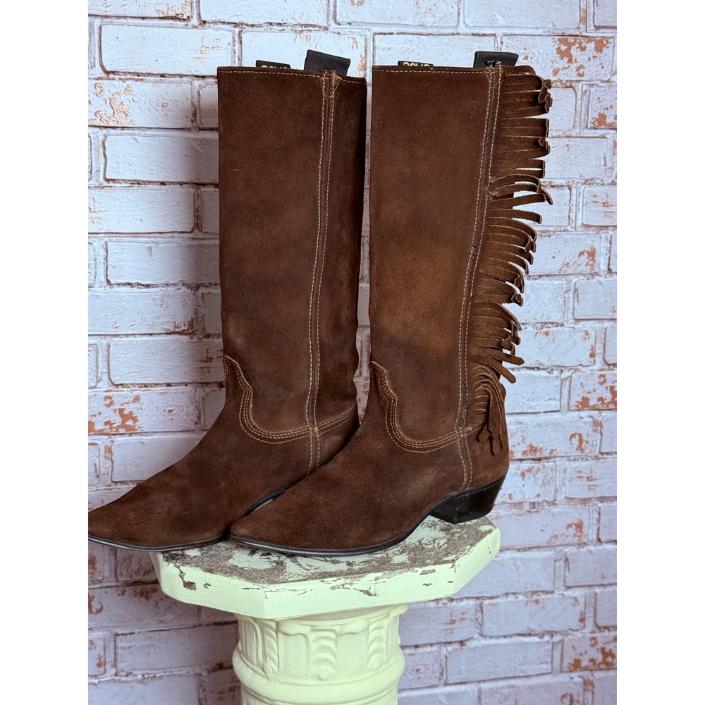 Vintage Acme Brown Suede Fringe Western Boots Women 8.5 Tall Pointed Toe 70s 80s
